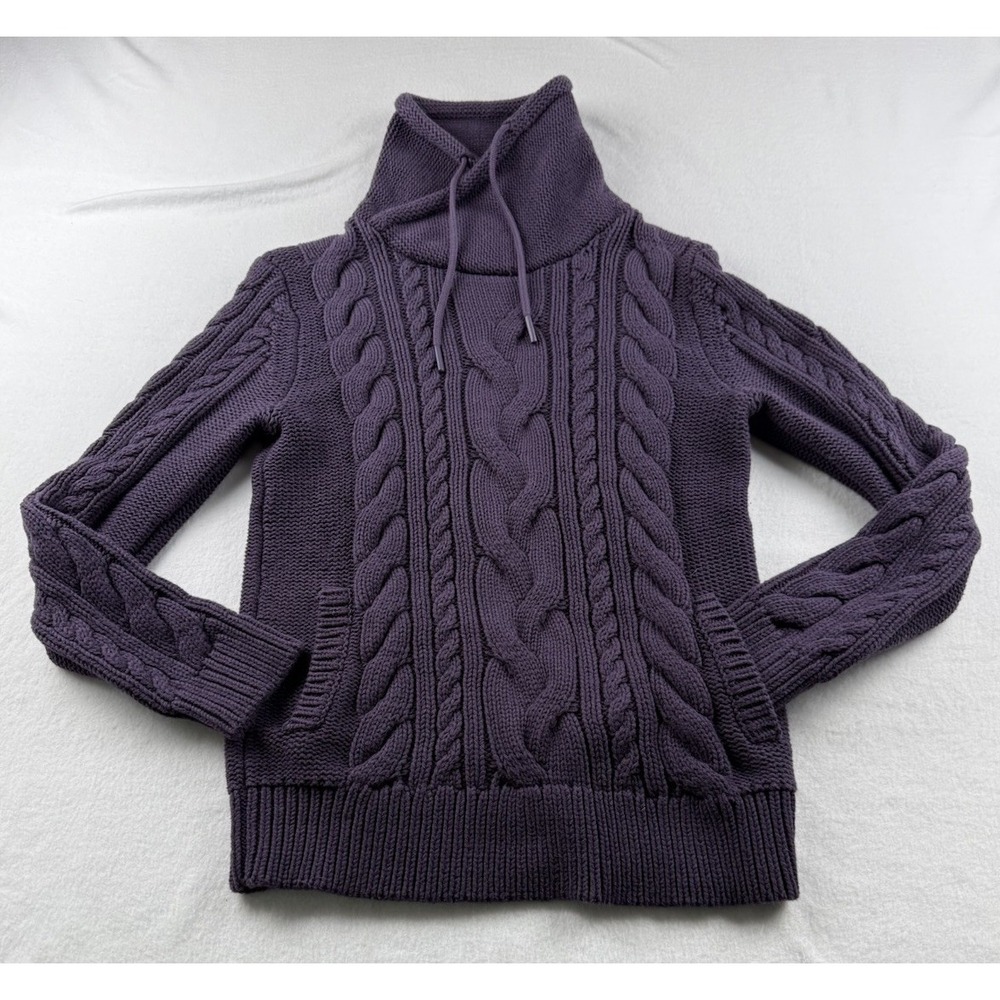 LL Bean Cable Knit Sweater Womens S Purple Cotton Funnel Neck Pull Over Chunky
